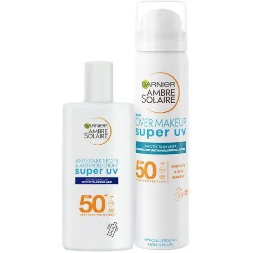 Garnier ambre solaire super uv over makeup mist hyaluronic acid spf50+ + ambre solaire super uv anti-dark spots & anti-pollution fluid spf50+