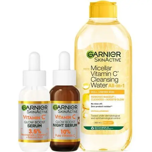 Garnier vitamin c: vitamin c glow boost serum + micellar vitamin c cleansing water + vitamin c double renew 10% night serum