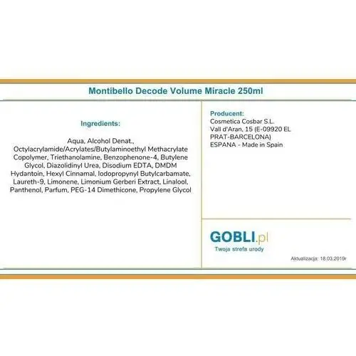 Montibello volume miracle, spray nadający objętości, utrwala, nawilża oraz chroni 250ml