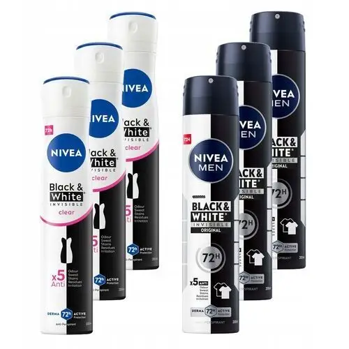 Nivea Black&white Antyperspirant w sprayu Damski 200ml x3 Męski 200ml x3